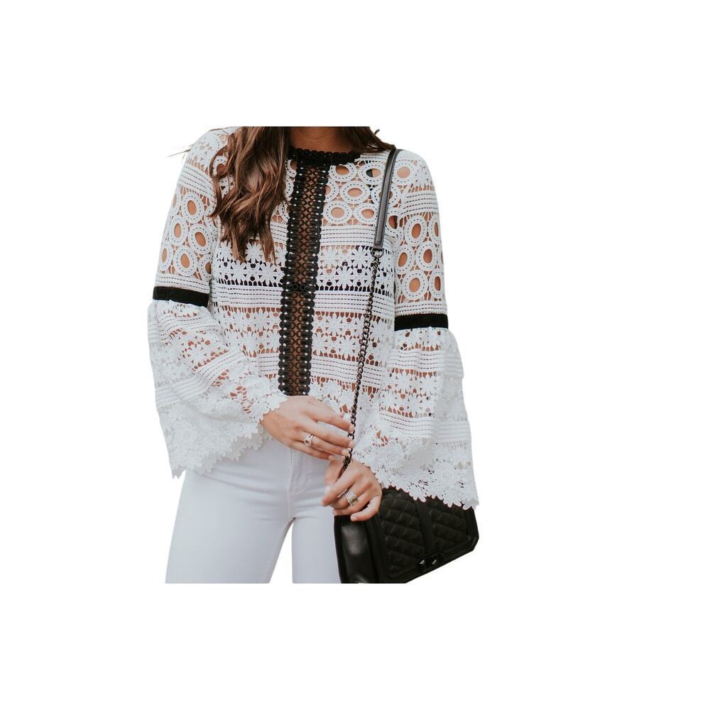 Chicwish White/Black Crochet eyelet Blouse - Picture 5 of 5